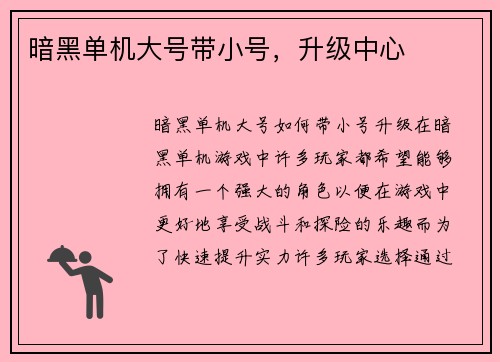 暗黑单机大号带小号，升级中心